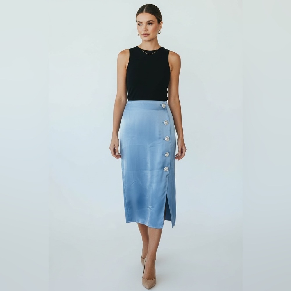 House of Harlow 1960 Blue Satin Button Midi Skirt Size Small